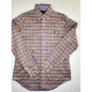 Ralph Lauren Button Down Shirt Mens M Orange Blue Plaid Non-Iron Long Sleeve